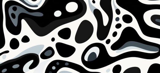 Fluid and organic shapes form a black and white seamless pattern of ornaments.