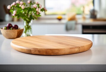 A wooden board sits on a counter in a kitchen, its circular shapes, soft shading, and exacting precision apparent in a large-scale arrangement.