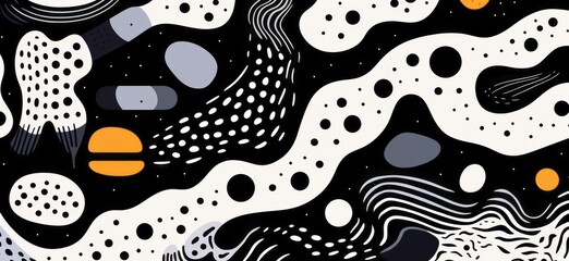 Colorful biomorphic forms create a black and white pattern about dots and shapes.