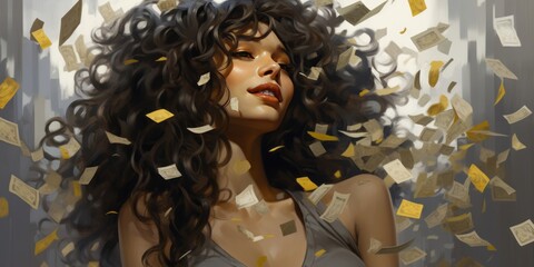 A woman holds her curly hair as confetti falls on it, her crisp and clean look, youthful energy, and sleek nature apparent in gray and gold.