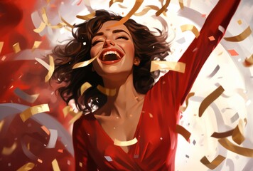A beautiful woman celebrates with confetti, her emphasis on facial expression, bright, bold colors apparent in maroon and gold.