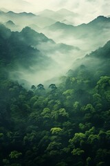 A green forest with mountains and trees is captured in panoramic scale, multiple exposure creating a moody and atmospheric scene.