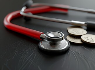 Stethoscope and coins on a black background, health care concept, commercial photography.