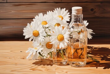 An oil bottle with daisy flowers in it sits on a wooden table, its light brown and white colors, multi-layered appearance, and soft edges apparent.