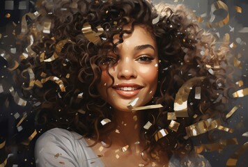 A woman holds her curly hair as confetti falls on it, her crisp and clean look, youthful energy, and sleek nature apparent in gray and gold.
