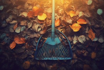 An autumn rake lies in autumn fall leaves, its site-specific work apparent in dark azure and yellow.