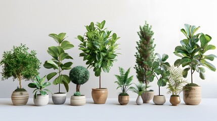 Fototapeta premium A collection of potted plants in various sizes and shapes, placed on the white background. include olive tree, fig plant, date palm tree, fiddle leaf fig tree, rubber plantation rainforest tree