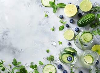 Summer refreshing water in mason jars with fruit and vegetables, lemonade, blueberry juice and cucumber slices of lime on light background with copy space for text.