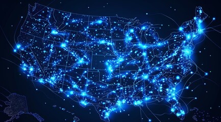 A blue and white map of the United States with a lot of lights
