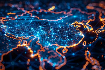 A map of the world with a blue and orange glow