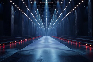 A long, empty runway with red lights on the floor. Fashion show catwalk or podium stage