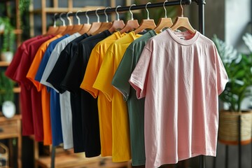 Obraz premium A rack of shirts hangs in a room with a potted plant