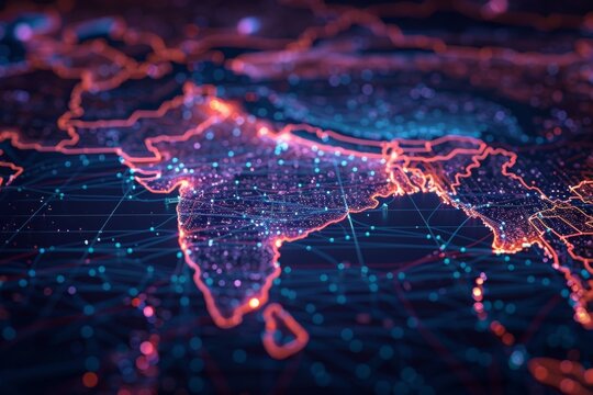 A map of India is shown in red and blue with a lot of dots - Powered by Adobe