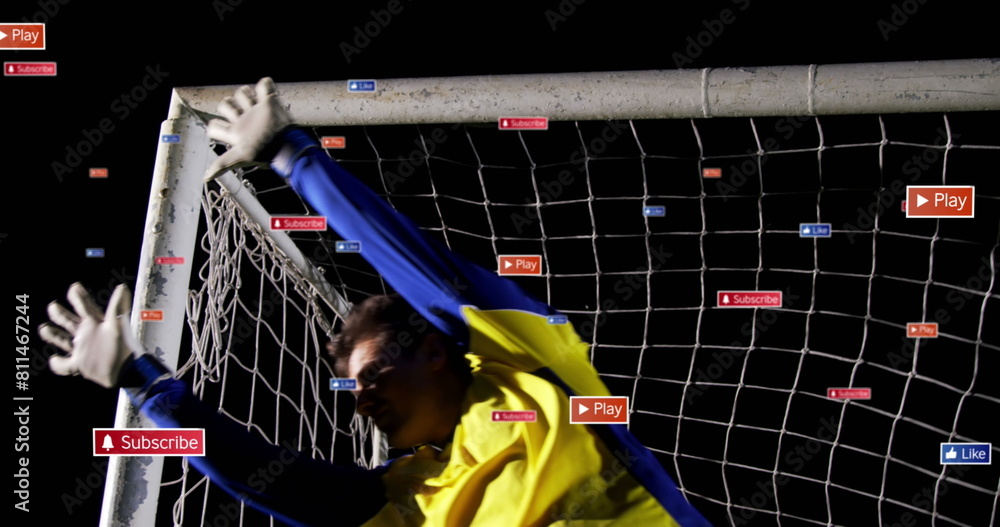 Poster image of multiple notification bars over biracial goalkeeper failing to stop goal