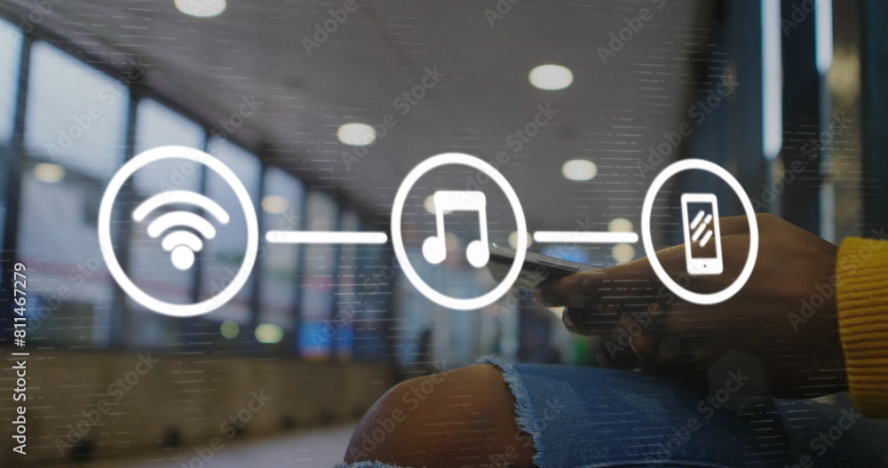 Aufkleber image of flowchart of icons over midsection of african american man using smartphone