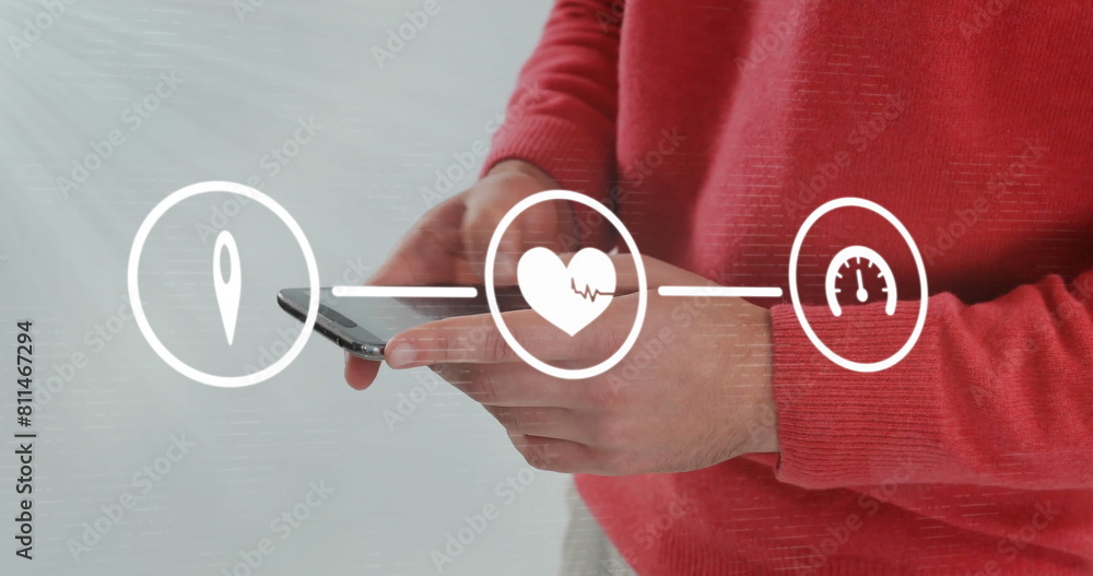 Poster image of flowchart of icons over midsection of caucasian man chatting using smartphone