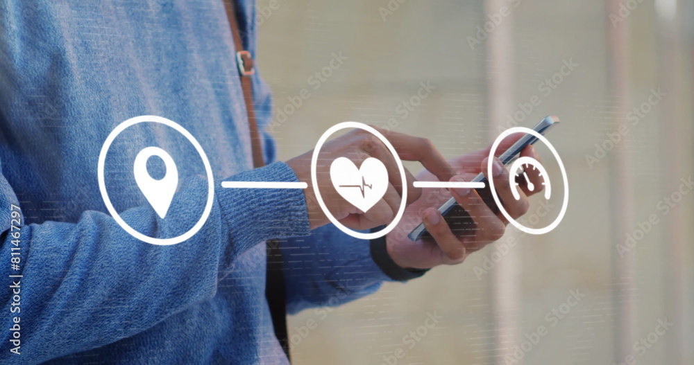 Poster image of flowchart of icons over midsection caucasian of man scrolling on smartphone
