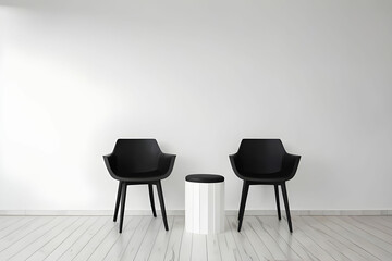 Black chair in the interior of a room with a white wall