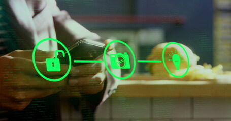 Image of flowchart over midsection of caucasian man scrolling phone with burger on table