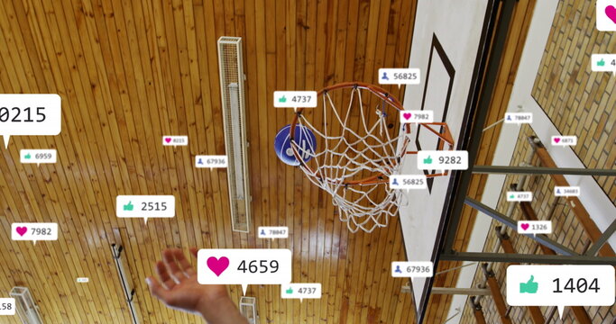 Image of multiple notification bars over diverse basketball players playing practice match