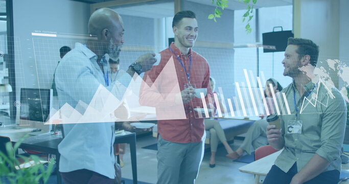 Image of graphs, loading bars and map over diverse coworkers discussing in tea break at office