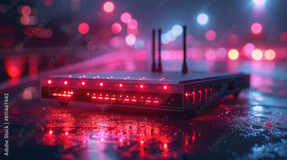 Aufkleber a router is placed in the rain with a bokeh background of red and blue lights.
