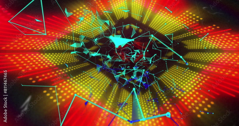 Poster image of networks of connections, abstract shapes over glowing neon tunnel background
