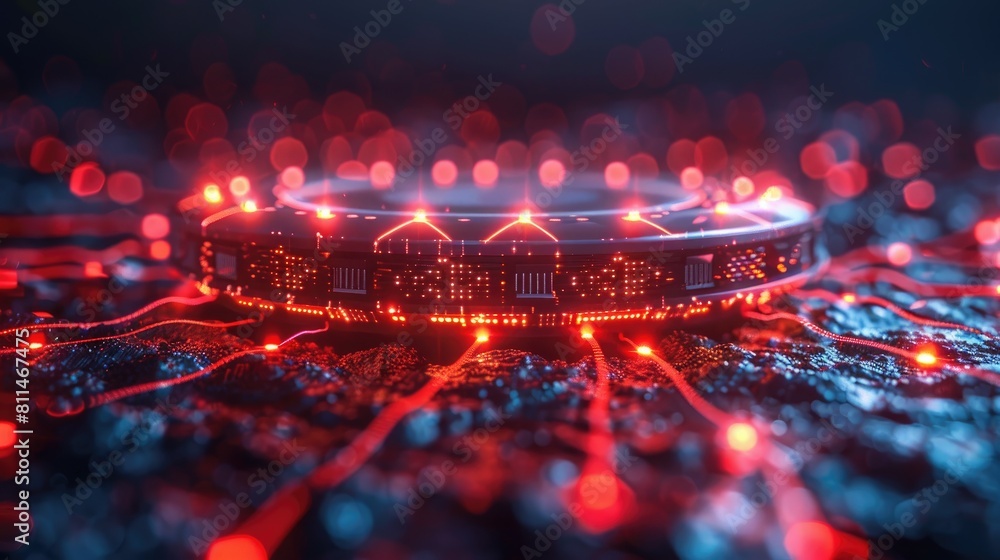 Poster abstract illustration of futuristic technology. glowing red circuit board with data flowing through 