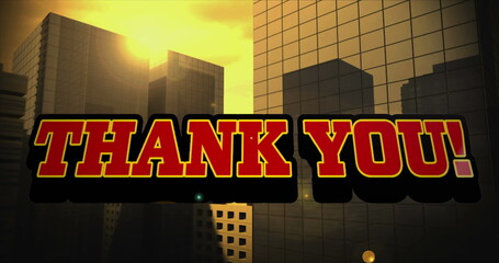 Image of thank you text over digital cityscape