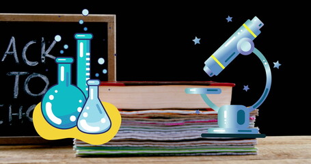 Colorful books and microscope resting on a table, capturing a moment of learning