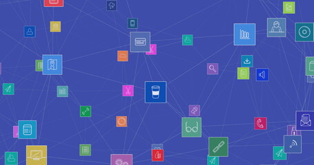 Image of network of connections with icons on blue background