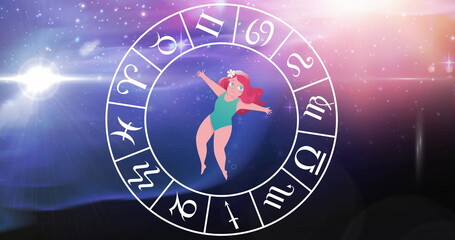 Image of star sign with horoscope wheel spinning over stars on blue to purple background