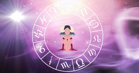 Fototapeta premium Image of aries star sign with horoscope wheel spinning over stars on blue to purple background