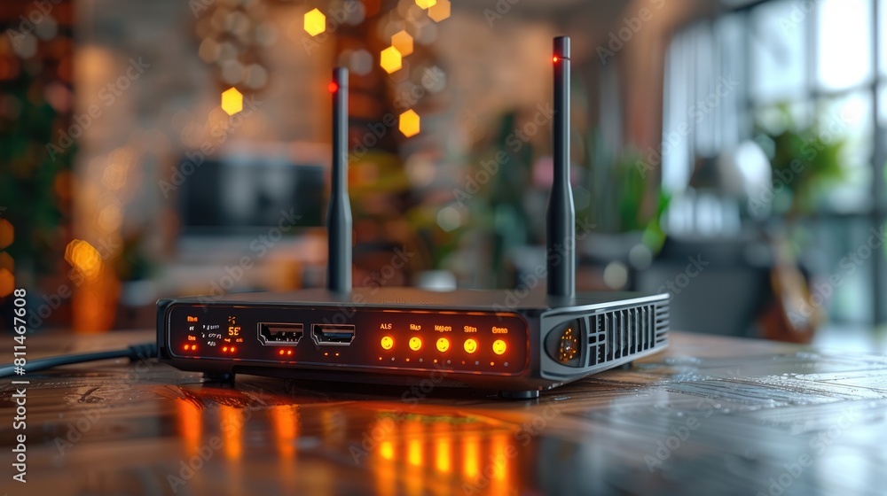 Poster black wireless router with glowing orange indicator lights sitting on a table in a home with a blurr