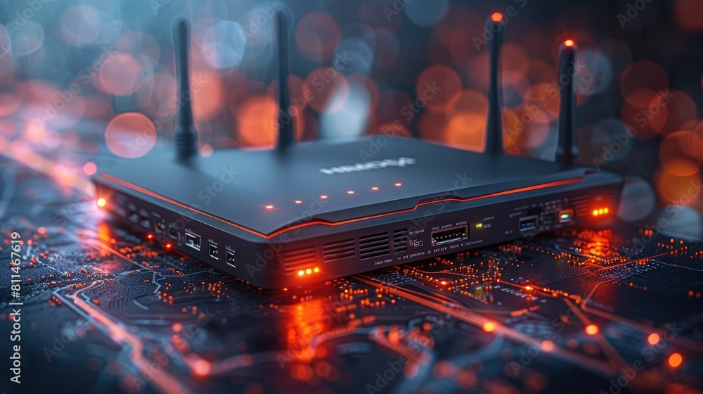 Aufkleber black wireless router with red and orange lights on the background of the circuit board