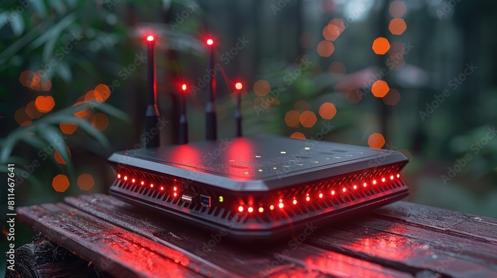 Aufkleber black wireless router with red led lights on the table in the middle of the forest