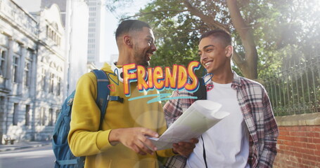 Image of friends text over happy biracial male friends with map - Powered by Adobe