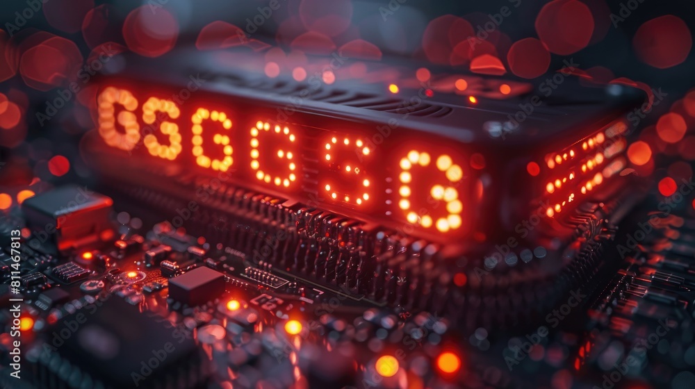 Poster red glowing numbers on a circuit board.