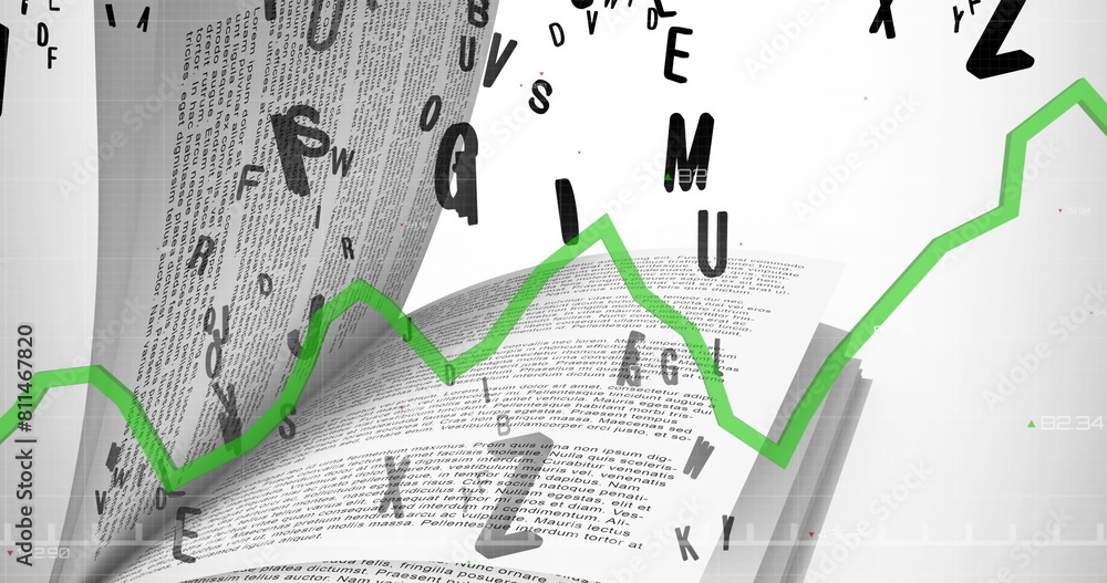 Poster image of data processing with green line over book and letters