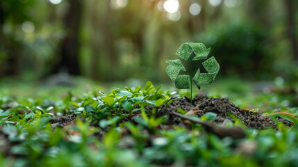 A small plant is growing in the dirt with a recycling symbol on it. Concept of sustainability and the importance of taking care of the environment