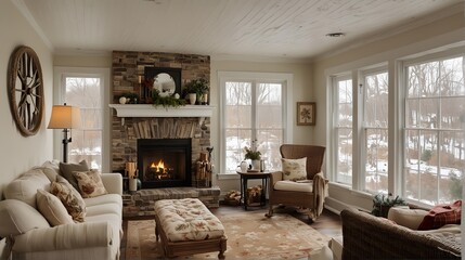 Modern cozy sun room with a fireplace for warmth and ambiance during colder months. Close up