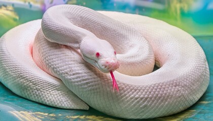 Fototapeta premium とぐろを巻いて舌を出した白蛇の神秘的な魅力 - 冷たい視線に映る生命の輝き