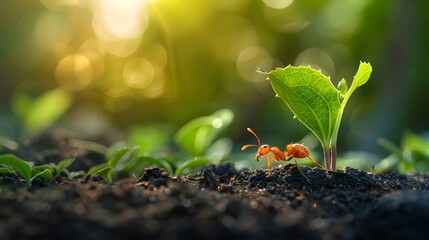 An ant carrying the edge of one leaf, walking on the soil towards another plant sprout. 