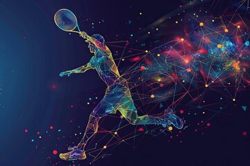 A man in action playing tennis against a dark backdrop. Generative AI