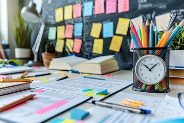 A clock is placed on a desk alongside a stack of papers, symbolizing the concept of time management and efficient organization in a work environment. Generative AI