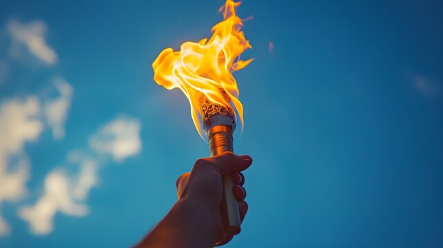 Closeup of hand holding Olympic torch against blue sky, with flame burning high above in the style of an Olympic torch. 