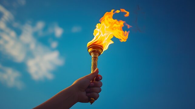 Closeup of hand holding Olympic torch against blue sky, with flame burning high above in the style of an Olympic torch. 