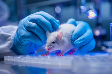 A scientist in a biotech lab examining a genetically modified animal with enhanced disease resistance