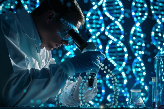 A scientist examining cloned animal DNA strands under a microscope - Powered by Adobe