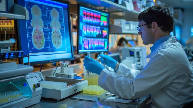 a veterinary lab specializing in microbiome engineering showing scientists analyzing and adjusting the gut microbiomes of livestock to improve feed digestion